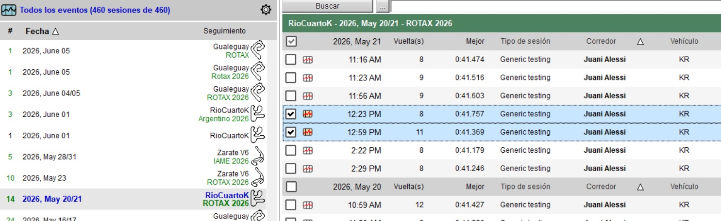 Listado de eventos y sesiones en RaceStudio 3 con dos tandas tildadas para exportar