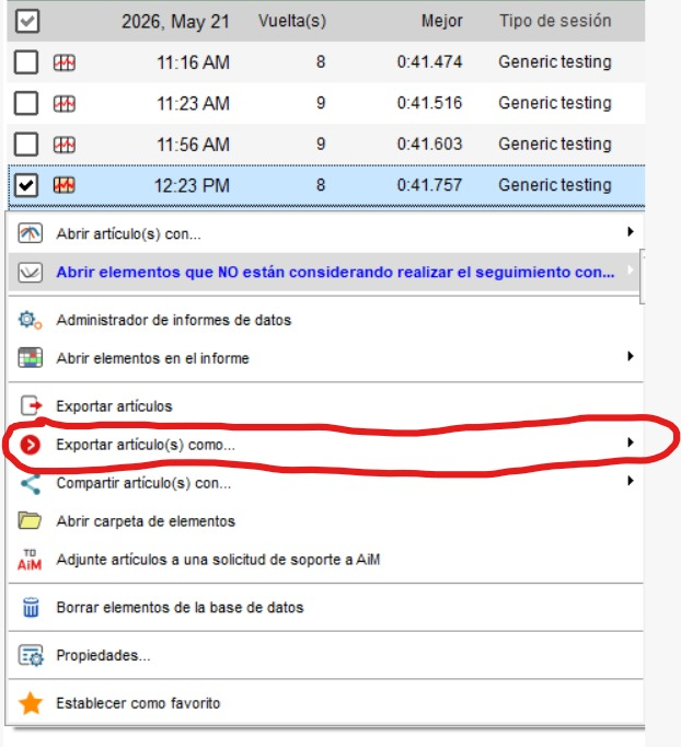 Menú de clic derecho con la opción Exportar artículo(s) como resaltada