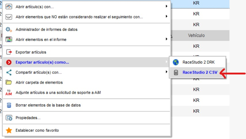 Submenú de exportación con la opción RaceStudio 2 CSV