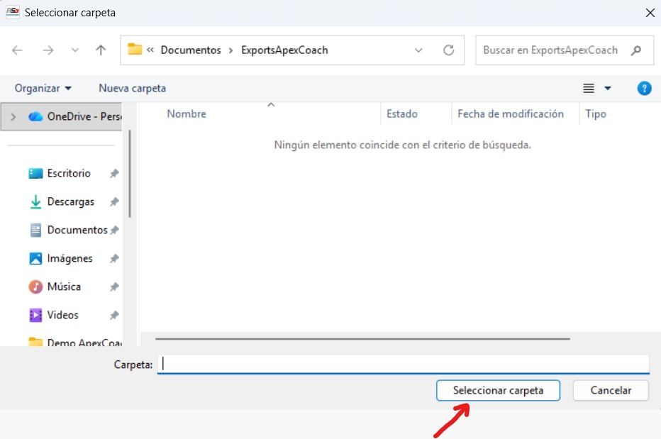 Explorador de Windows eligiendo la carpeta ExportsApexCoach como destino