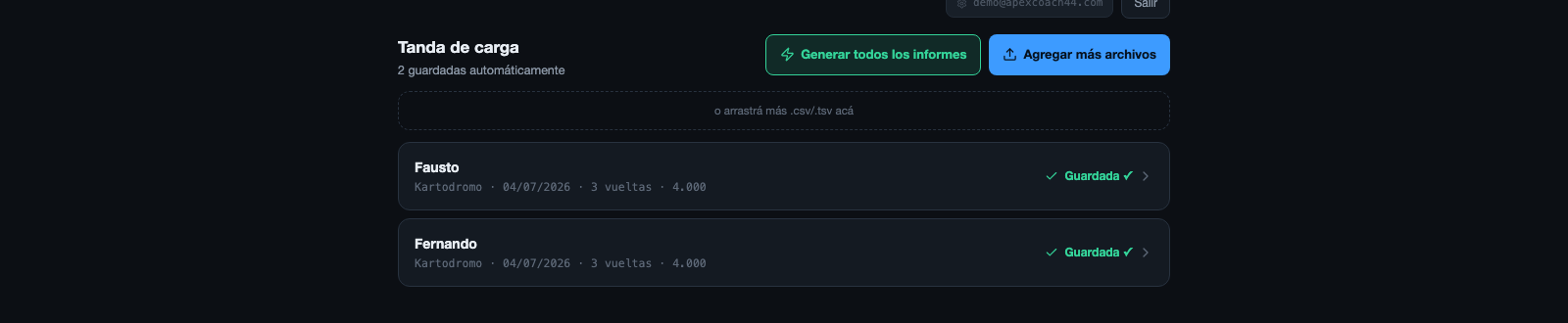 Pantalla de tanda de carga con varias sesiones guardadas automáticamente, una por piloto