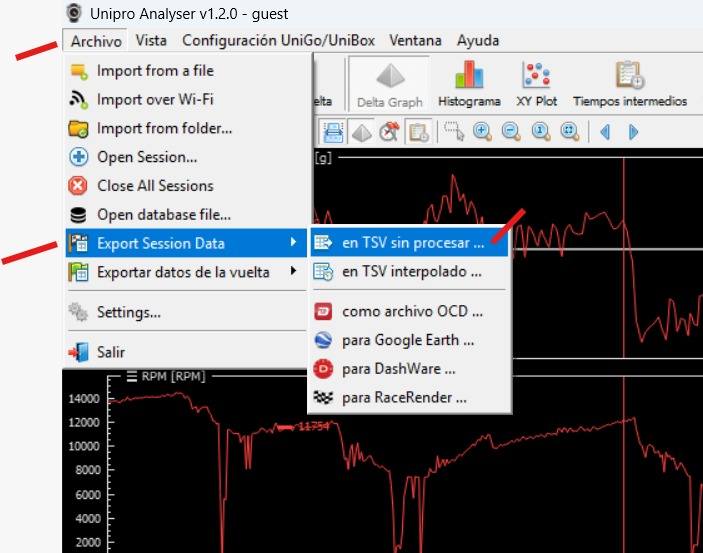 Menú Archivo de Unipro Analyser con Exportar datos de sesión en TSV sin procesar