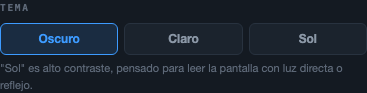 Selector de Tema con las tres opciones Oscuro/Claro/Sol