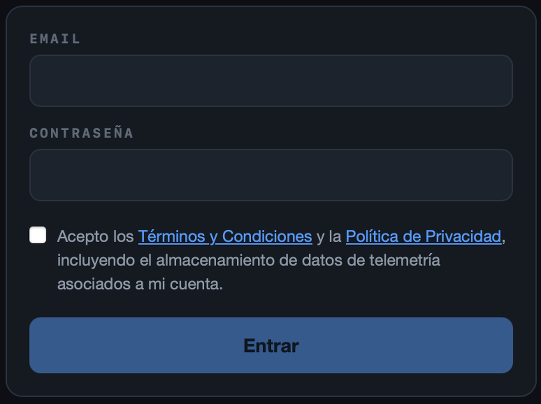 Pantalla de login de ApexCoach con campos de email y contraseña