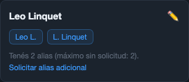Panel de alias de un piloto con dos alias cargados y el link para solicitar uno adicional