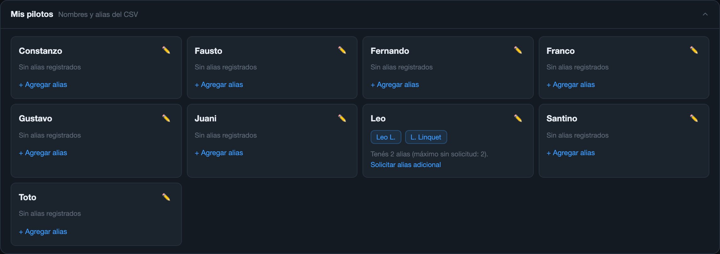 Panel Mis pilotos expandido, con 9 pilotos en tarjetas y Leo con 2 alias cargados