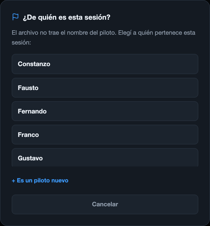 Modal '¿De quién es esta sesión?' con la lista de pilotos registrados y el link '+ Es un piloto nuevo'
