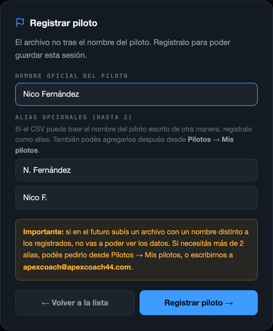 Formulario Registrar piloto con el nombre oficial y dos alias completados como ejemplo