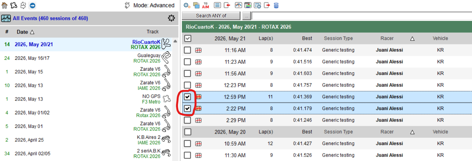 RaceStudio 3 events and sessions list with two runs checked for export