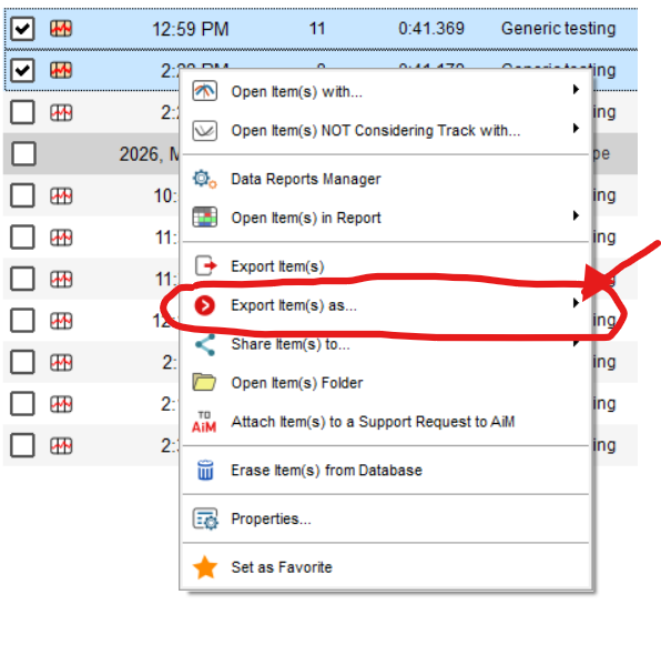Right-click menu with the Export item(s) as option highlighted