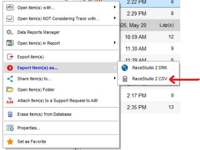 Export submenu showing the RaceStudio 2 CSV option