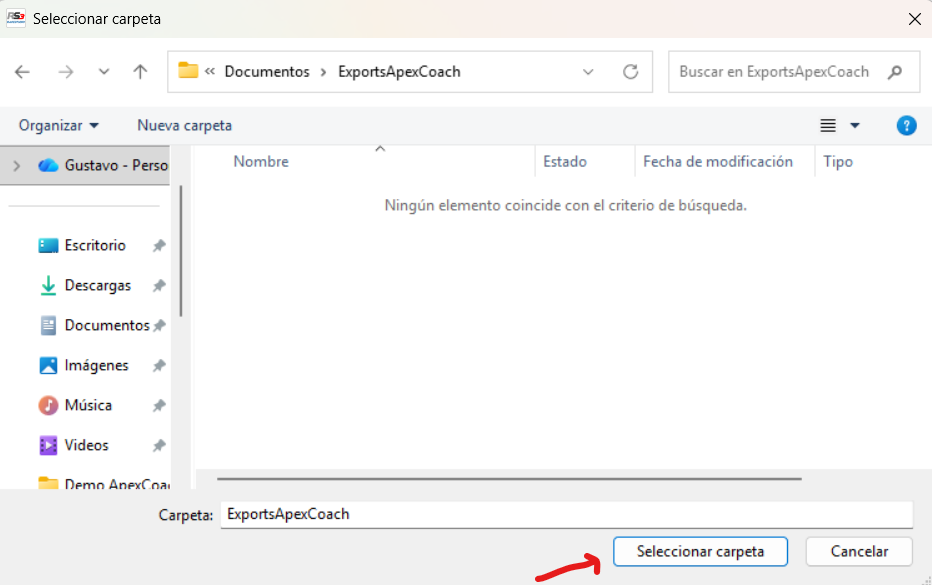Windows Explorer choosing the ExportsApexCoach folder as destination