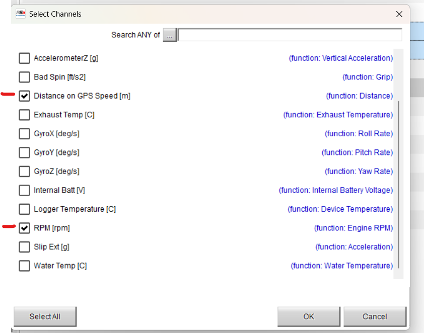 RaceStudio 3 channel selection window with Distance on GPS Speed and RPM checked