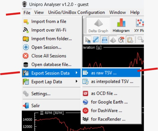 Unipro Analyser File menu with Export Session Data as raw TSV