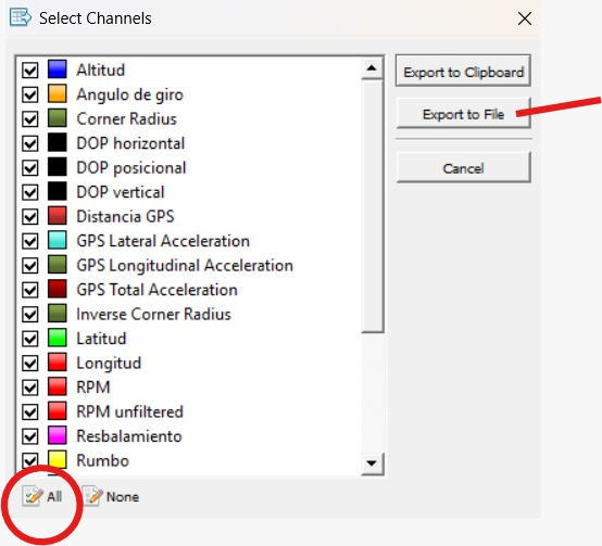 Unipro Select Channels window with all channels checked and the Export to File button