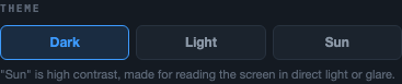 Theme selector with the three options Oscuro/Claro/Sol