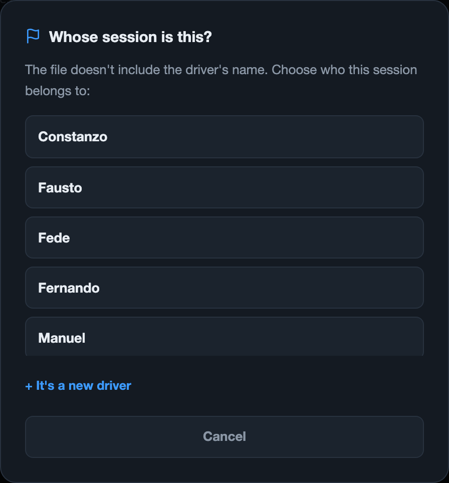 'Whose session is this?' modal with the list of registered drivers and the '+ It's a new driver' link