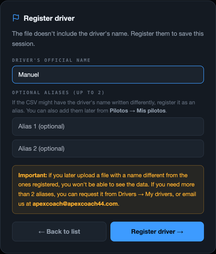 Register driver form with the official name and two aliases filled in as an example